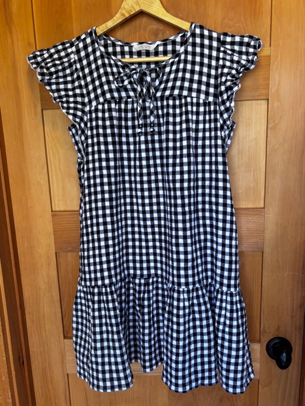Denver Hayes Black & White Gingham Tie-Neck Flutter Sleeve Dress XS Cottagecore
